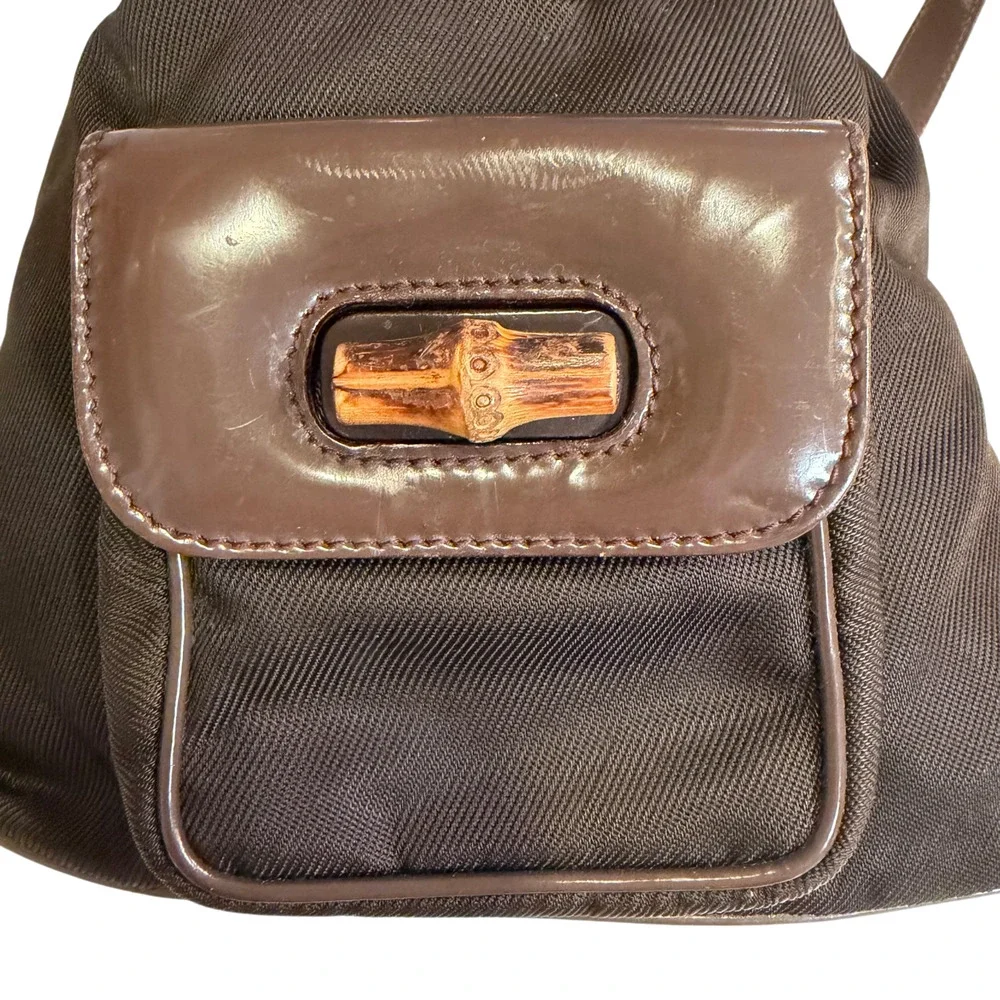 Vintage Gucci Brown Mini Backpack w/ Bamboo Handle Patent Leather + Nylon Auth